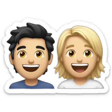 Gay couple, 1 guy Latino black straight hair and 1 Australian white guy with blonde slightly curly hair laughing full body and a cat as a pet sticker