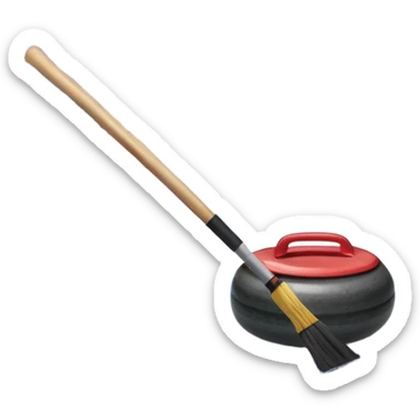 An icon showing a detailed close-up of a curling stone sliding across the ice, with a broom in motion beside it. The background features an indoor stadium with cheering spectators on the stands. Transparent background captures the strategy and focus of curling. sticker
