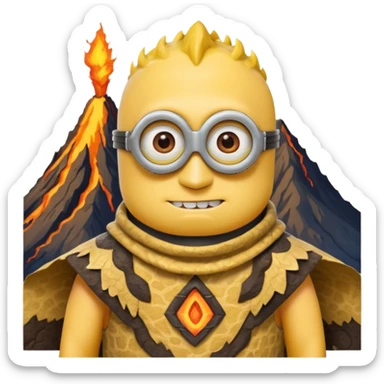 a minion wearing ancient animal skin cloth with volcano behind, half body, icon sticker