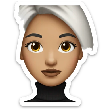 White tan women with strait black hair with long curtain bangs and long eyelashes brown eyes and pink cheeks with pink lips and black brown eyebrows wearing a black turtleneck sticker