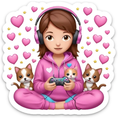 A brown-haired cartoon girl in a pink sparkly hoodie with headphones on, holding a game controller, surrounded by hearts, stars, and a puppy and kitten cuddling at her feet. sticker