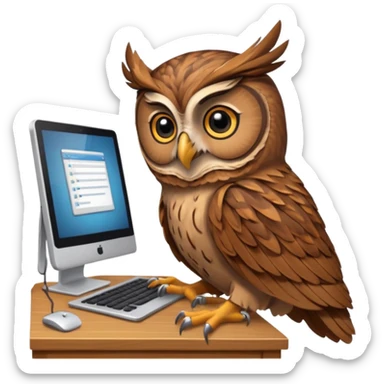 an owl working on computer in an appartement with  timber sticker