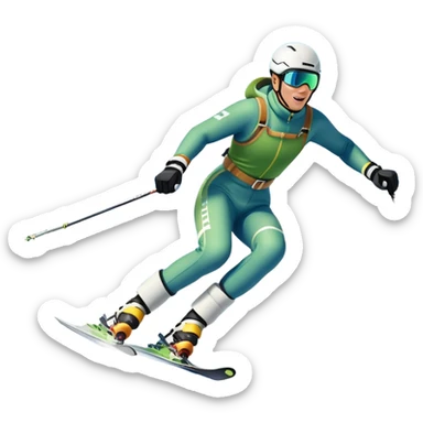 An icon featuring snowy peaks, pine trees, and a picturesque mountain landscape with a skier racing down a snow-covered slope. The sky is blue with soft clouds, capturing the thrill and beauty of alpine skiing. Transparent background highlights the excitement and serenity of winter sports. sticker