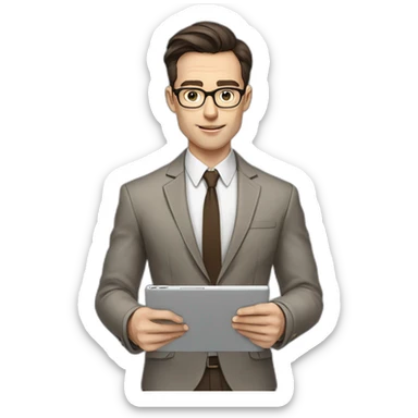 Pale skinned fit man with dark brown hair in gray jacket, beige office shirt, brown tie, brown pants and vintage glasses Writing on the tablet sticker