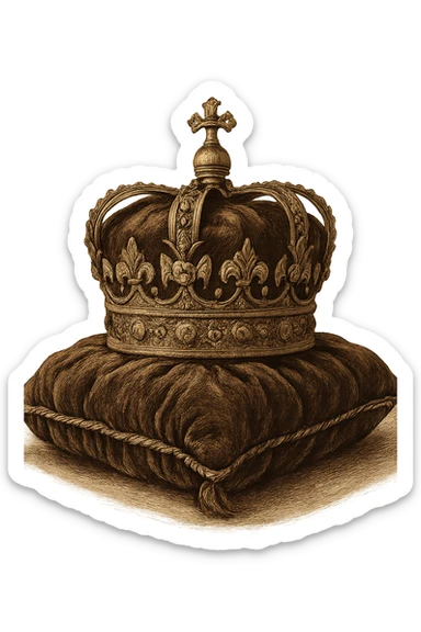 crown resting on a velvet cushion, detailed, elegant, gpt-image style sticker