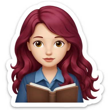 girl with long wavy burgundy hair and a notebook sticker