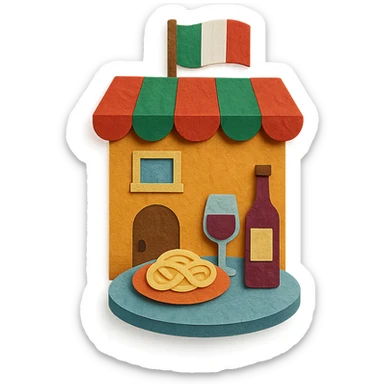 paper craft style Italian restaurant with cut-out look, pasta and wine on table sticker