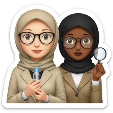 one white woman with hijab and glasses detective + one black woman without hijab and glasses detective  hand lens in one hand, hat etc sticker