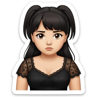 Latina girl with bangs black long hair in pony tail plus size black lace dress disappointed  sticker