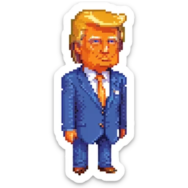 Donald Trump pixel art, caricatured features, orange skin tone, blue suit, no text sticker