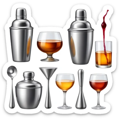 bar items set including cocktail shaker, wine glasses, whiskey bottle sticker