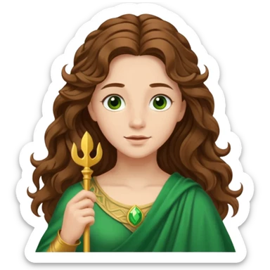 Juno from The Olympians with long brown wavy hair, green stola sticker
