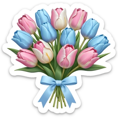 Pastel blue and pastel pink tulip bouquet tied together bya white ribbon  sticker