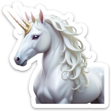 Cinematic Noble White Unicorn Portrait Emoji, Poised and regal, with a slender, ethereal form draped in a pristine white color, a flowing mane and tail, and a glistening, spiraled horn that radiates pure light, Simplified yet sharp and sophisticated features, highly detailed, glowing with a soft, iridescent luminescence, high shine, intelligent and transcendent, stylized with an air of mythical enchantment, focused and serene, soft glowing outline, capturing the essence of a watchful and confident white unicorn that appears ready to prance out of the screen with magical grace! sticker