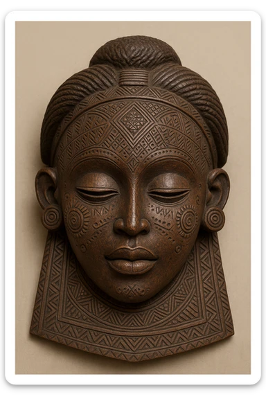 Mwana Pwo mask, traditional Cokwe Angolan mask, intricate carved wood, feminine features, tribal patterns, cultural artifact, neutral background sticker