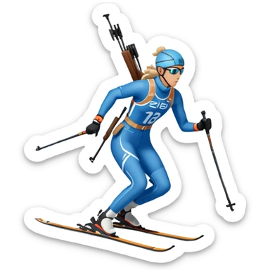 An icon featuring snow-covered trees, distant mountains, and a clear blue sky with a biathlete in motion, holding a rifle and skiing across a snowy course. Transparent background highlights the precision, endurance, and excitement of biathlon. sticker