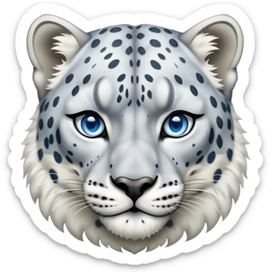 Cinematic-Noble-Snow-Leopard-Portrait-Emoji – Poised and majestic, with a muscular, agile build and a beautifully patterned coat of soft white and grey fur, marked with striking rosettes, deep-set, intelligent icy blue eyes, simplified yet sharp and sophisticated. zoomed out  sticker