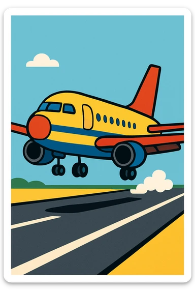 avion qui atterrit, illustration moderne, couleurs vives, fond simple sticker