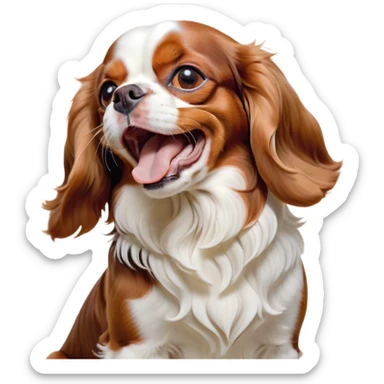 Cinematic Cute Yawning Blenheim Cavalier King Charles Spaniel Portrait Emoji, Head tilted slightly with a dramatic, wide-open yawn, soft Blenheim coat with delicate chestnut and white markings, floppy ears slightly drooping, round brown eyes barely open in drowsy contentment, Simplified yet irresistibly adorable features, highly detailed, glowing with a soft, cozy glow, high shine, relaxed yet expressive, stylized with a touch of whimsy, bright and endearing, soft glowing outline, capturing the essence of a sleepy yet affectionate companion, so drowsy it feels like it could stretch right out of the screen and curl up for a nap! sticker