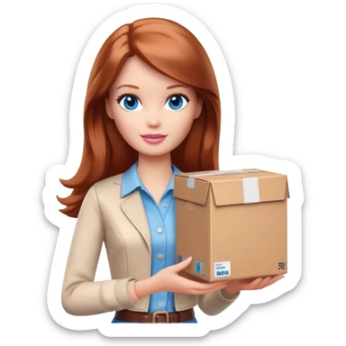 Barbie with blue eyes, shoulder-length reddish-brown hair in white and brown clothes holds a package box sticker