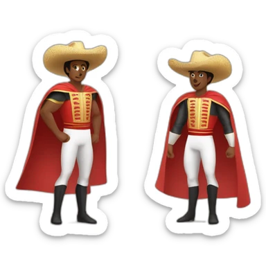 a runner athlete. Put a hat called montera torera on his head. Draw him with the posture of open arms greeting the audience.  and in the other a bullfighter's cape sticker