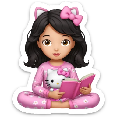 Chica peli negra  cabello ondulado tes trigueña con una pijama rosa de hello kitty leyendo un libro rosa de haditas  sticker