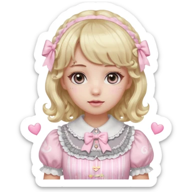 pale girl, medium length curly hair with blonde and baby pink swirls, bangs, grey eyes, doll-like makeup, light pink lolita hime gyaru dress, emoji style sticker