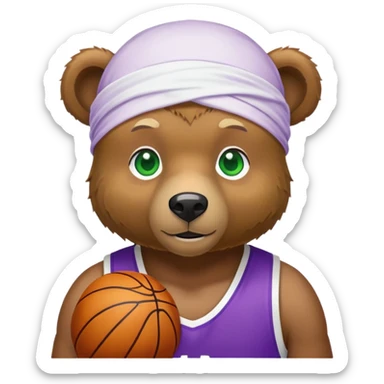 Stylish brown bear with green eyes wearing a white durag and purple and gold basketball jersey visible only to the shoulders, iOS emoji style sticker