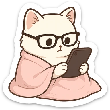 Cat meme, a white cat wrapped in a blanket, wearing glasses, holding a mobile phone in both hands, looking at the phone sticker