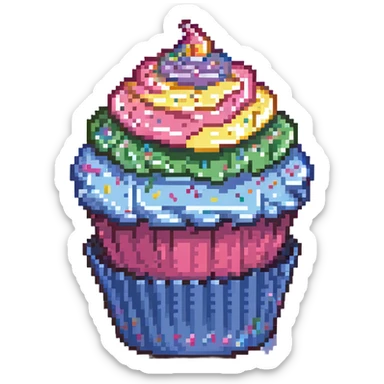 large cupcake with pink frosting, rainbow sprinkles, blue cupcake wrapper, pixel art style sticker
