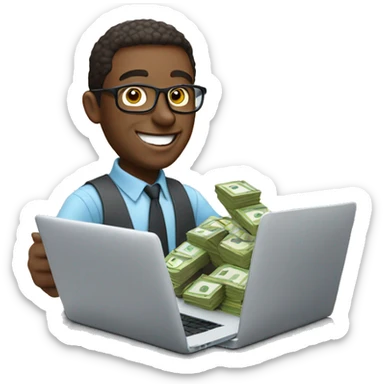 cheerful man with money working on a macbook sticker
