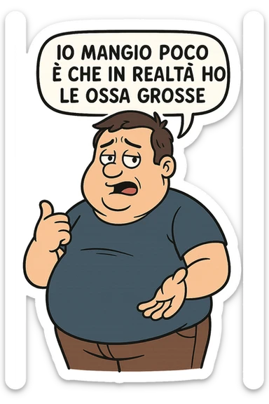 uomo che dice "Io mangio poco è che in realtà ho le ossa grosse" , trovando scuse per il suo peso corporeo sticker