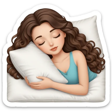 beautiful brunette with a light balayage white girl with nice curls/defined waves, very long hair, clean girl makeup SLEEPING ON A PILLOW sticker