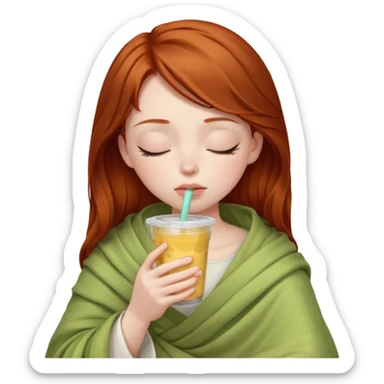 dark ginger haired girl with pale skin, wrapped in a blanket, sipping boba, eyes closed sticker