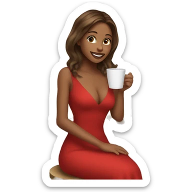Girl with brunette hair and highlights sipping on coffee in a low cut red dress  sticker