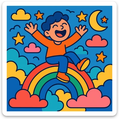 dream life as a colorful, whimsical scene with clouds, stars, and a happy character, in vibrant toon style sticker