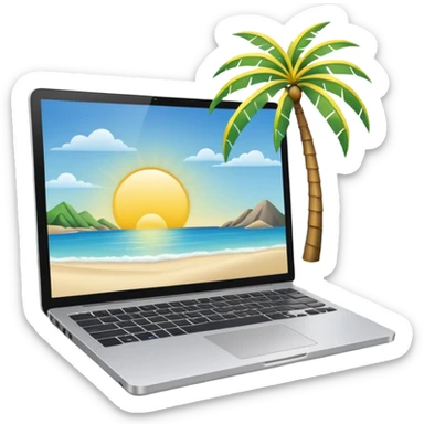 A minimalist emoji-style icon representing workation: An open laptop in the foreground on the beach. Background shows sea, sun, and a palm tree. No people, no text, clean and simple design like an emoji. sticker