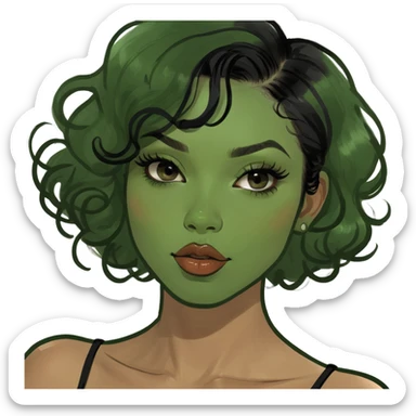 Glamourous, light brown skin tone, very beautiful woman, with big plump lips, long long lashes, black curly smooth short hair, brown eyes sticker