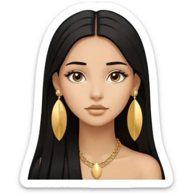 Pero que sea de una chica morena con pelo negro largo lacio. Que siempre utilize aretes dorados y axxesorios dorados y que sea AESTHETIC como pinterest sticker