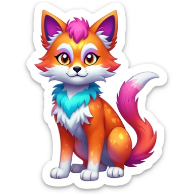 Vibrant multicolored neon-colored Falvie-Fionbri-creature-sparkle-feline-canine-hybrid-fursona, full body sticker