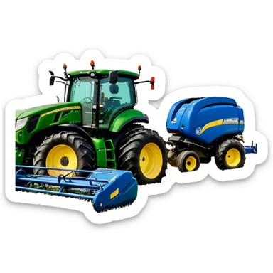 Baler – New Holland Roll-Belt 560 (2018) – Cinematic-realistic John Deere 6155M tractor towing a New Holland Roll-Belt 560 baler, its deep green body contrasting with the bright blue baler. The massive machine moves steadily through golden fields, compressing freshly cut hay into tight round bales, while dust swirls under the blazing afternoon sun. sticker