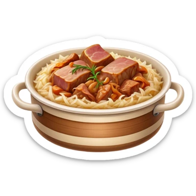 Cinematic Realistic Bigos Dish Emoji, showcasing a hearty stew of sauerkraut and meats rendered with rich textures and dynamic, rustic lighting. sticker