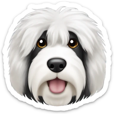 Old English sheepdog face with the right half of his face white and the left half of his face black. White around the mouth and nose. Make him fluffy and both ears are black sticker