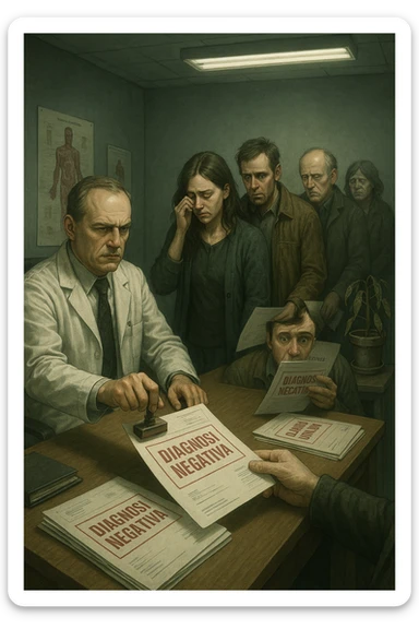 A realistic, cinematic illustration set in a dull, grey-toned medical office. A middle-aged male doctor in a white coat with a stern, cold expression is seated at his desk, handing out medical reports with large red ‘Negative Diagnosis’ stamps to each patient in line. The patients, of various ages and appearances, stand in a line, each looking increasingly sad, defeated, and demoralized as they receive their papers, with slumped shoulders and empty gazes. One young woman wipes away a tear, while a man stares at the paper in shock. The background shows medical posters, a faded plant, and harsh fluorescent lighting, emphasizing the cold, mechanical environment. The mood is heavy, illustrating how negative diagnoses delivered without empatia can deeply affect the mental health and morale of patients. The style is realistic, with subtle filmic grain, emphasizing emotional impact and the weight of medical words on people’s lives. in italiano sticker