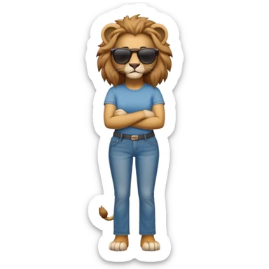 friendly anthropomorphised female lion character, full body, standing confidently with arms folded, wearing jeans, a t-shirt, and dark sunglasses sticker