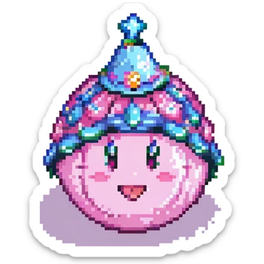 Create a Beam Kirby emoji inspired by the reference image. The emoji should depict a cute, round, pink character wearing a jester hat with a sparkly beam effect. Use pixel art style with a transparent background. sticker