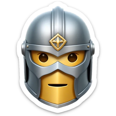 Clash of Clans aesthetic: Cinematic heroic Steel full face Helm Emoji, rendered in a 3D vector-style similar to standard emojis with minimal shading and bold, simplified shapes. A compact, isometric helmet crafted of shining steel with intricate engravings and a protective visor, softly glowing with a noble warrior charm. Simplified yet unmistakably iconic, highly detailed and consistent, glowing with a soft radiant gleam and high polish. Stylized with a touch of chivalric tradition and a soft glowing outline, capturing the essence of a stalwart battle helm with a friendly, playful manner! sticker