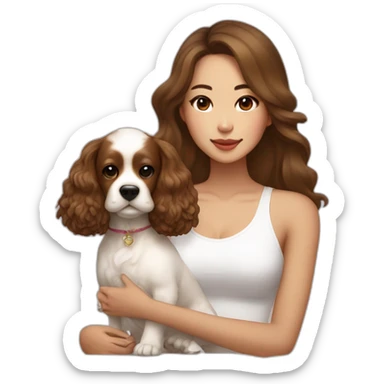 korean woman with long dark brown hair in a white singlet sits with caramel cocker spaniel sticker