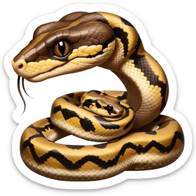A photo-realistic digital illustration of a Ball Python, large headshot portrait. The snake has a short, rounded snout, smooth contours, and a calm, curious expression. Its head is warm brown with bold, irregular dark markings, including the signature “alien-head” pattern.  sticker