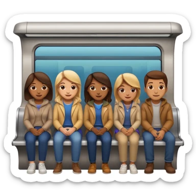 five diverse gender people, smiling and sitting together in a subway car inspired by Apple emoji subway, Apple emoji style sticker